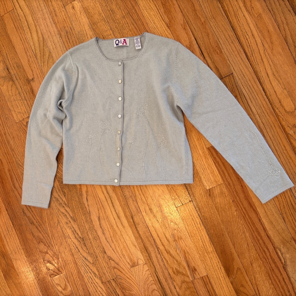 VTG Q&A Lambs Wool Angora Rabbit Hair‎ Light Blue Cardigan Sweater Beaded